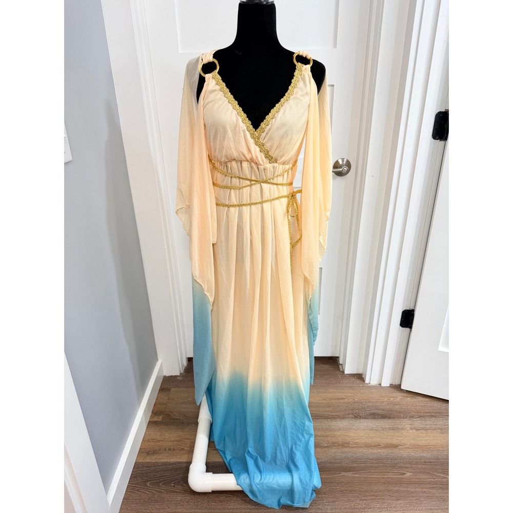 Grecian Goddess Ombre Maxi Dress Peach Blue Gold Trim Split Sleeve V-Neck Sz Med